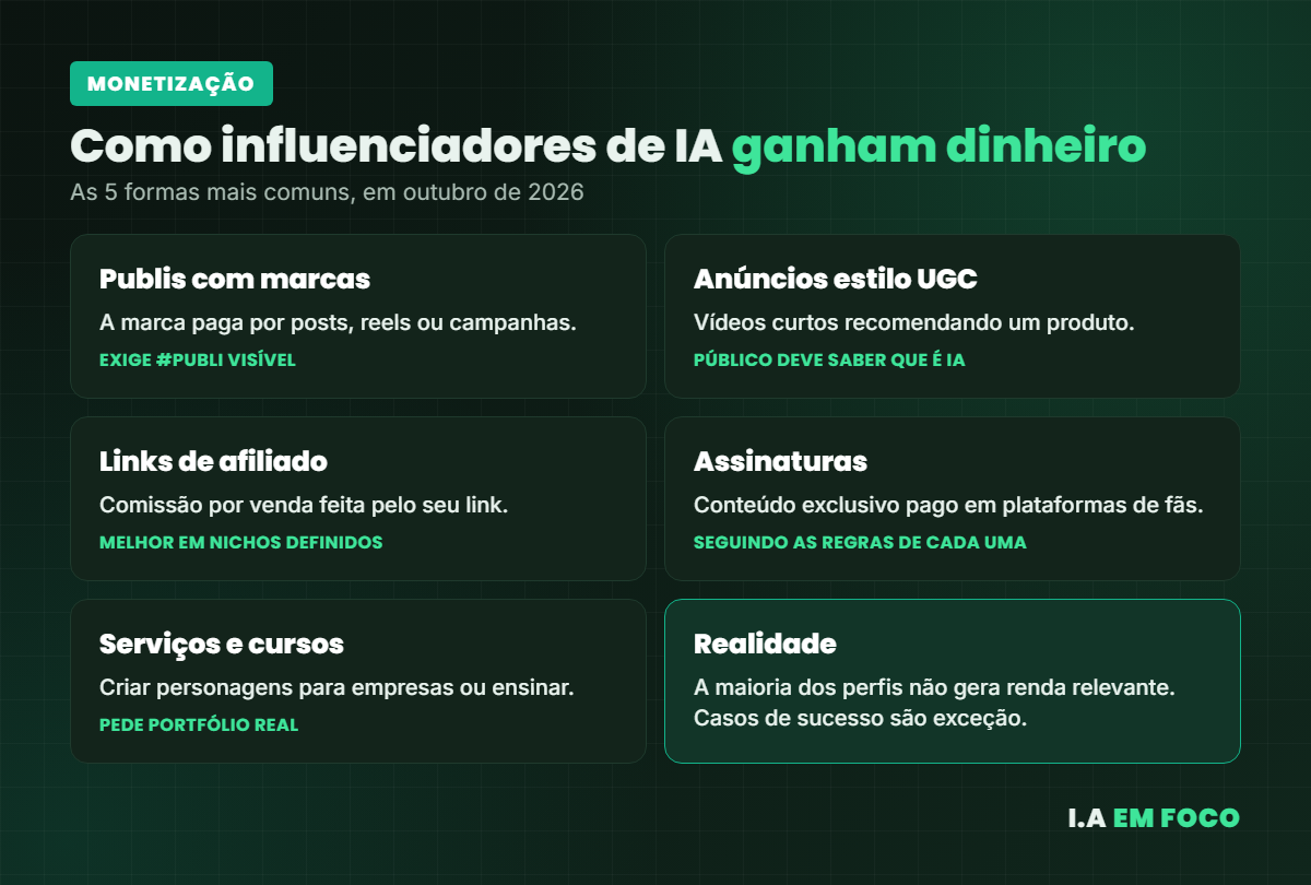 Infográfico com as cinco formas como influenciadores de IA ganham dinheiro: publis, anúncios UGC, afiliados, assinaturas e serviços