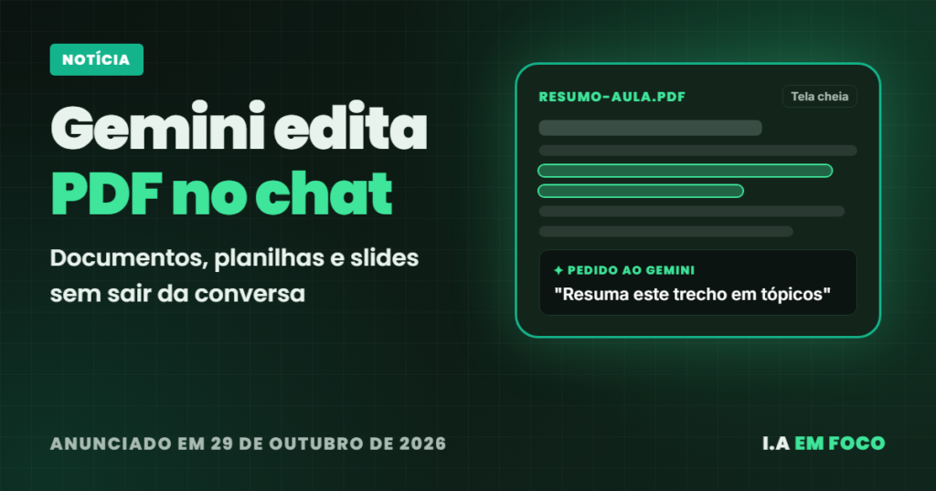 Editar PDF no Gemini: arquivo aberto dentro do chat com trecho selecionado e pedido de ajuste à IA