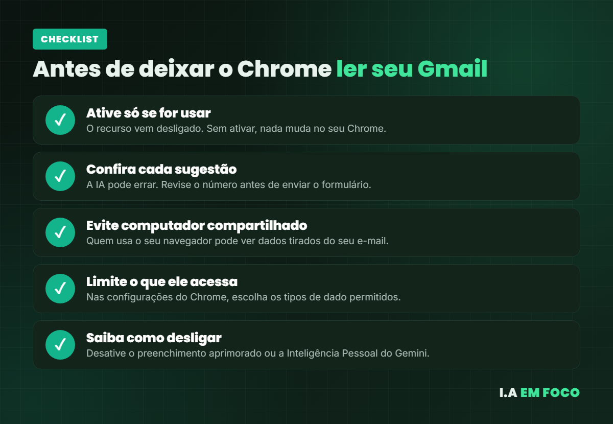 Checklist de cuidados antes de ativar o preenchimento automático do Chrome com dados do Gmail